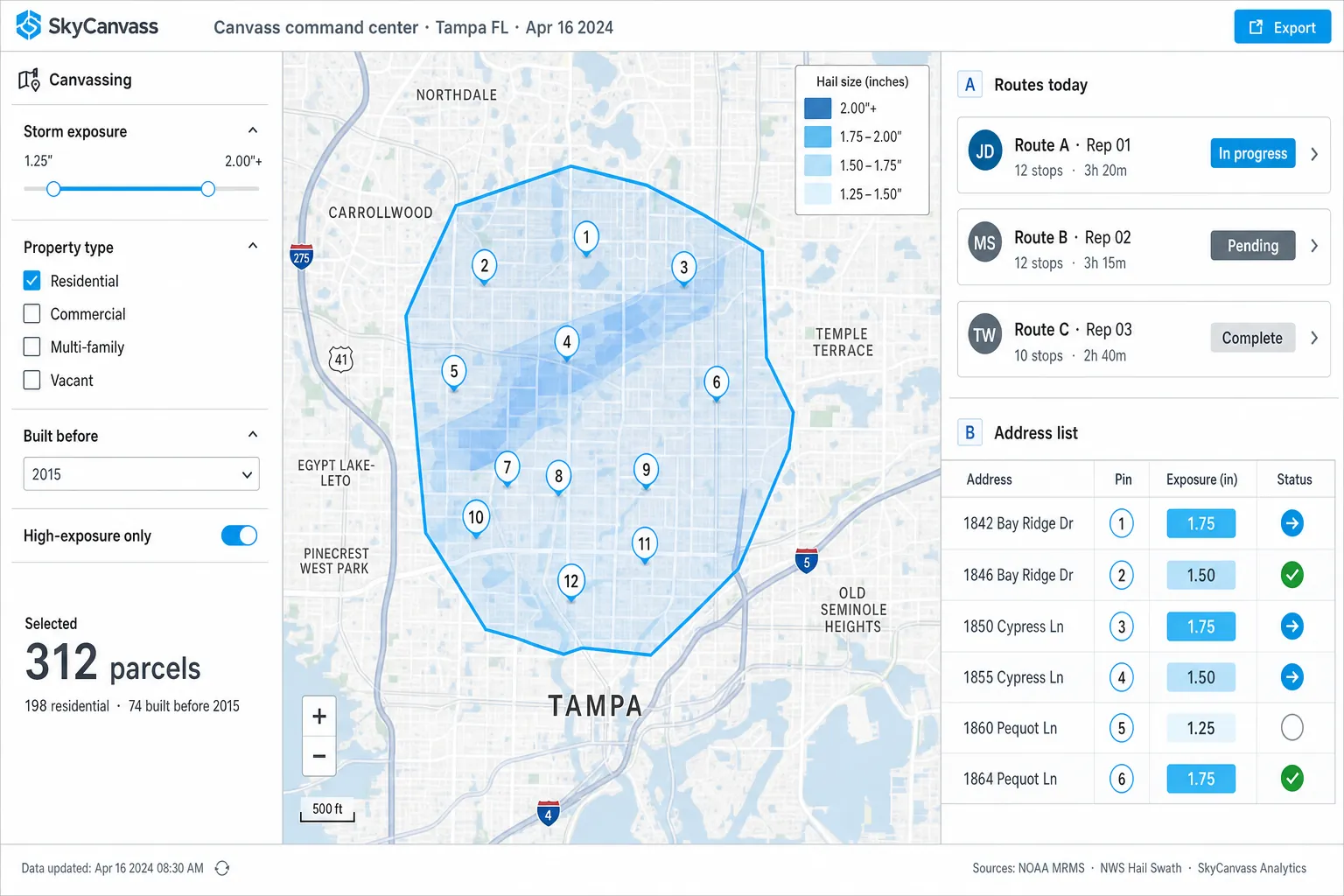 SkyCanvass canvassing intel showing storm-correlated parcel exposure