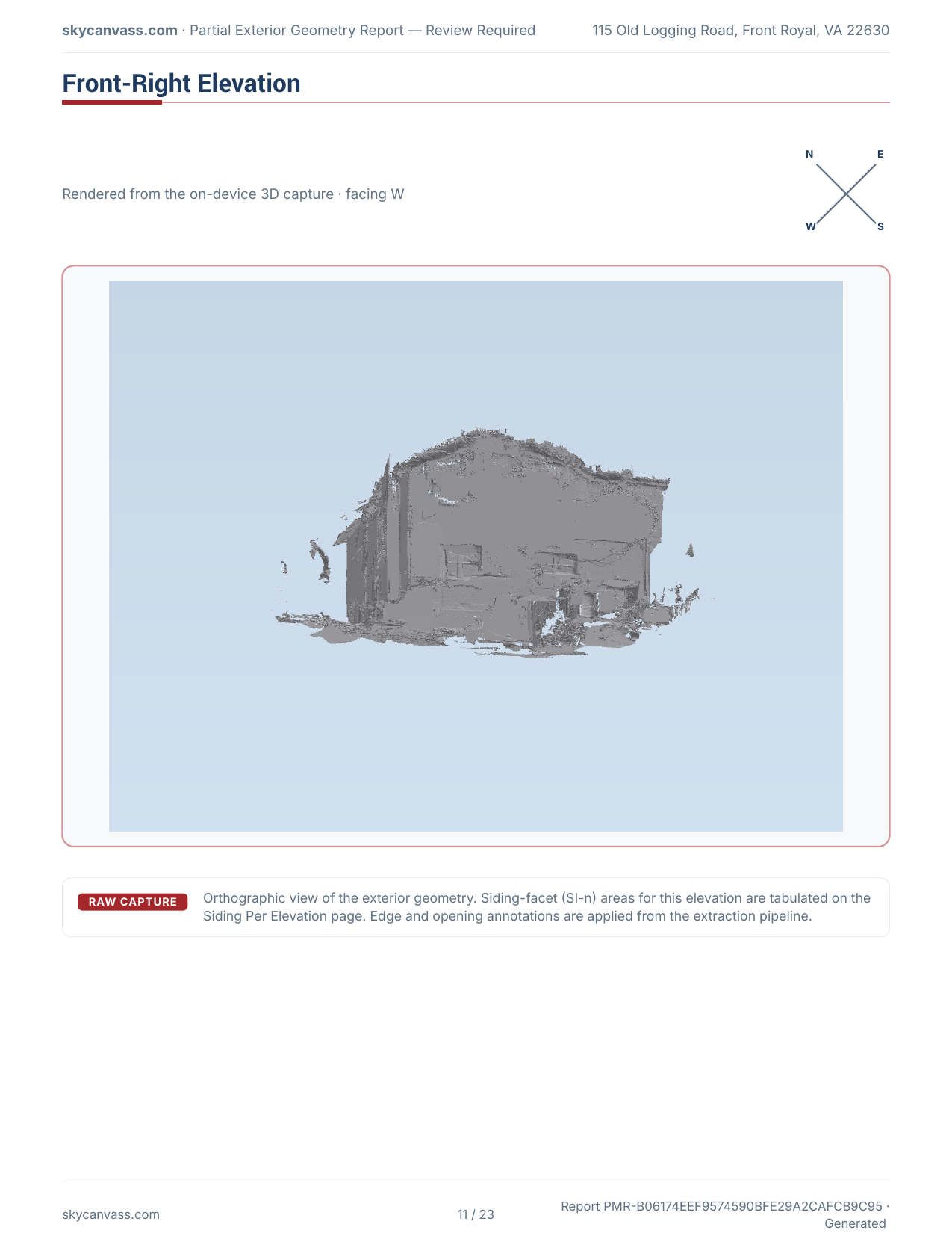 Measurement report front-elevation page — a 3D mesh rendered from the on-device LiDAR capture.