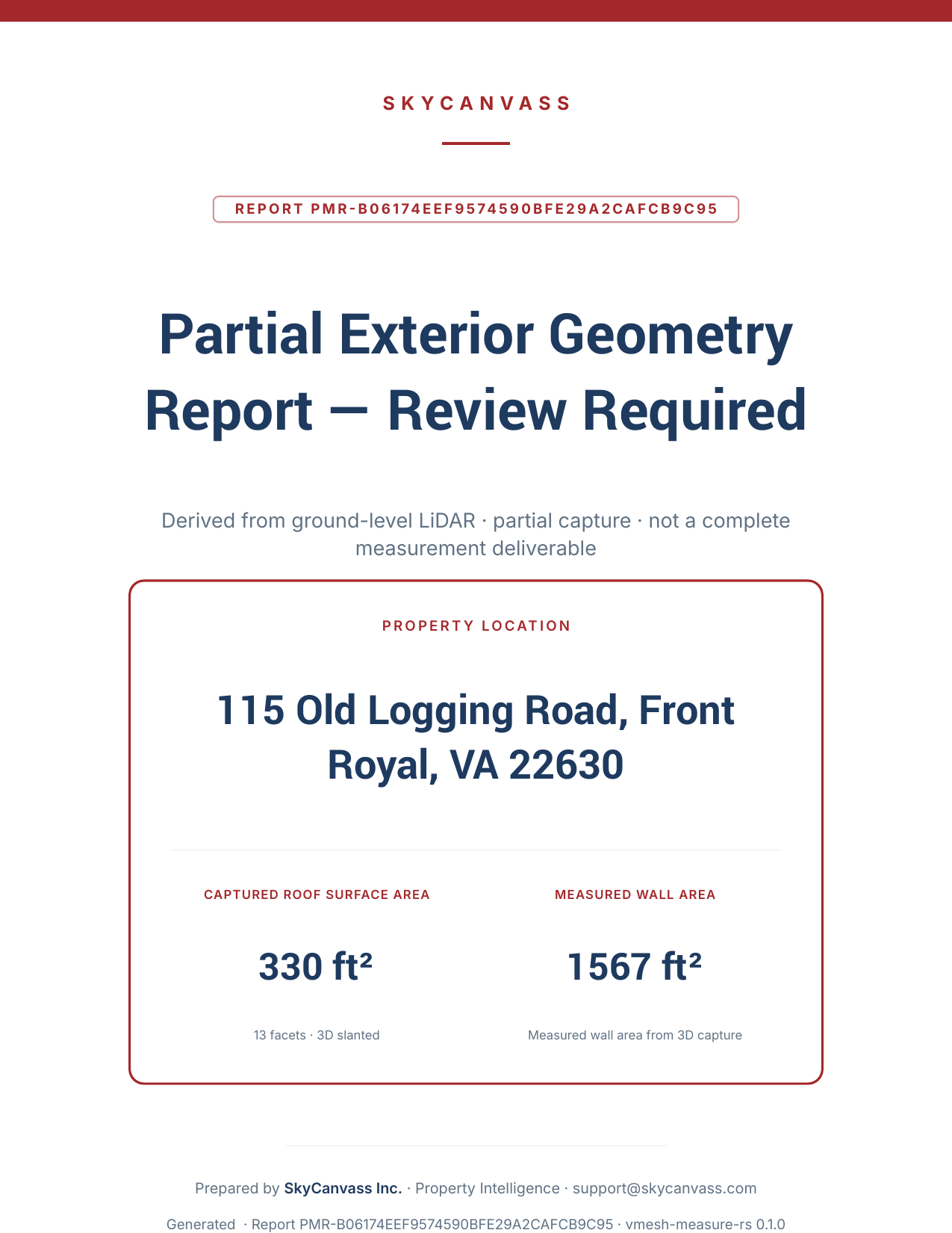 Measurement report cover for 115 Old Logging Road, Front Royal VA — 330 sq ft roof, 1567 sq ft wall.