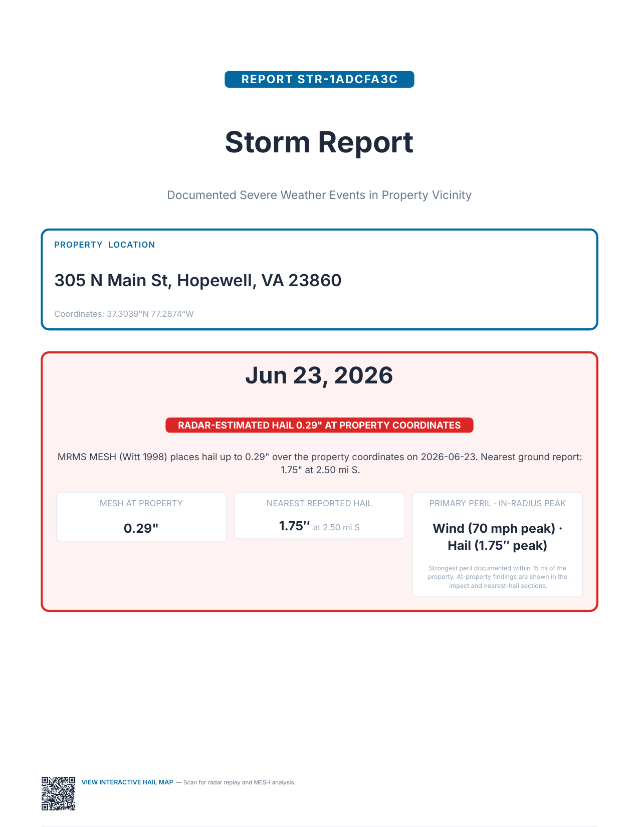 Storm report cover for 305 N Main St, Hopewell VA — documented severe weather events in the property vicinity, dated Jun 23 2026.
