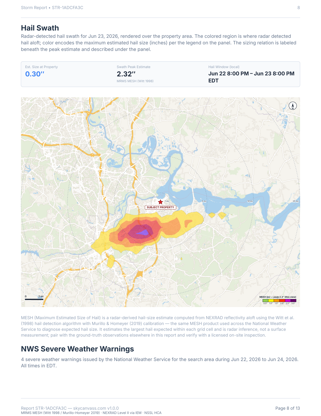 Measured MESH hail swath rendered as a smooth contour over a street basemap, peaking near the property — from a real generated storm report.