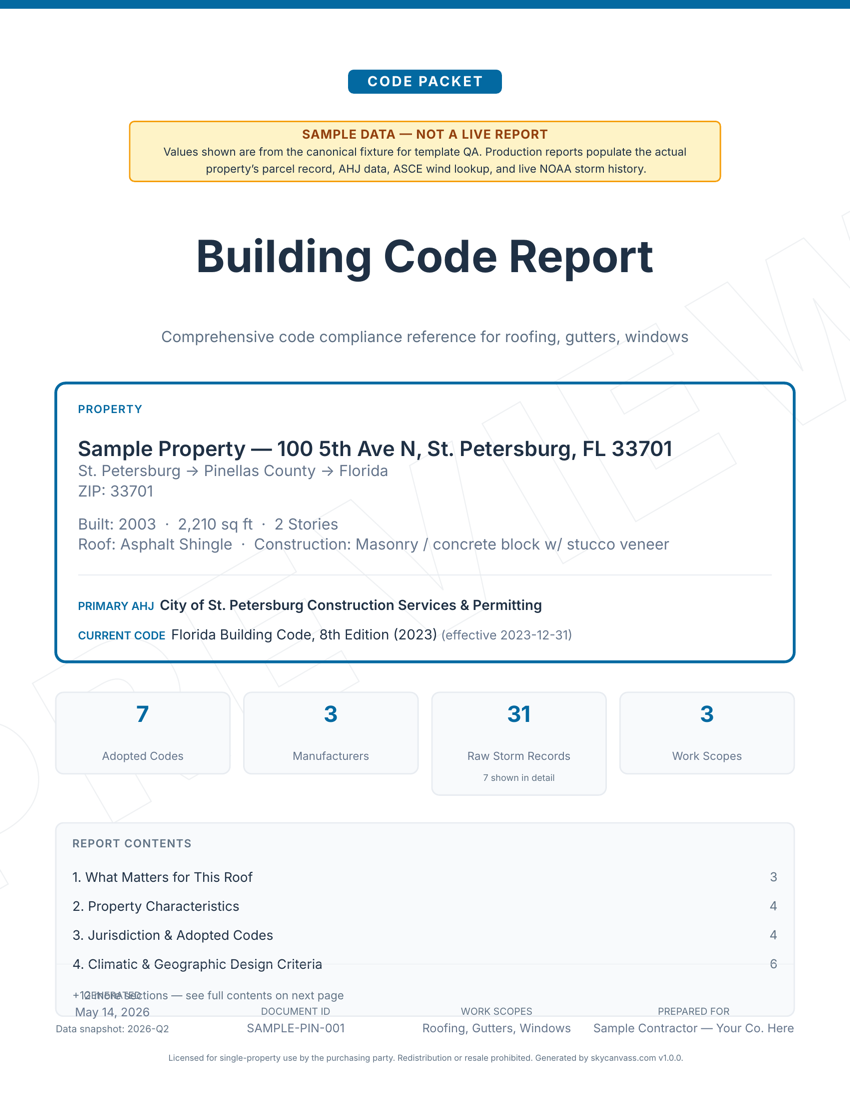 A SkyCanvass building code packet cover — the code-cited document a contractor hands off, generated for one property address.