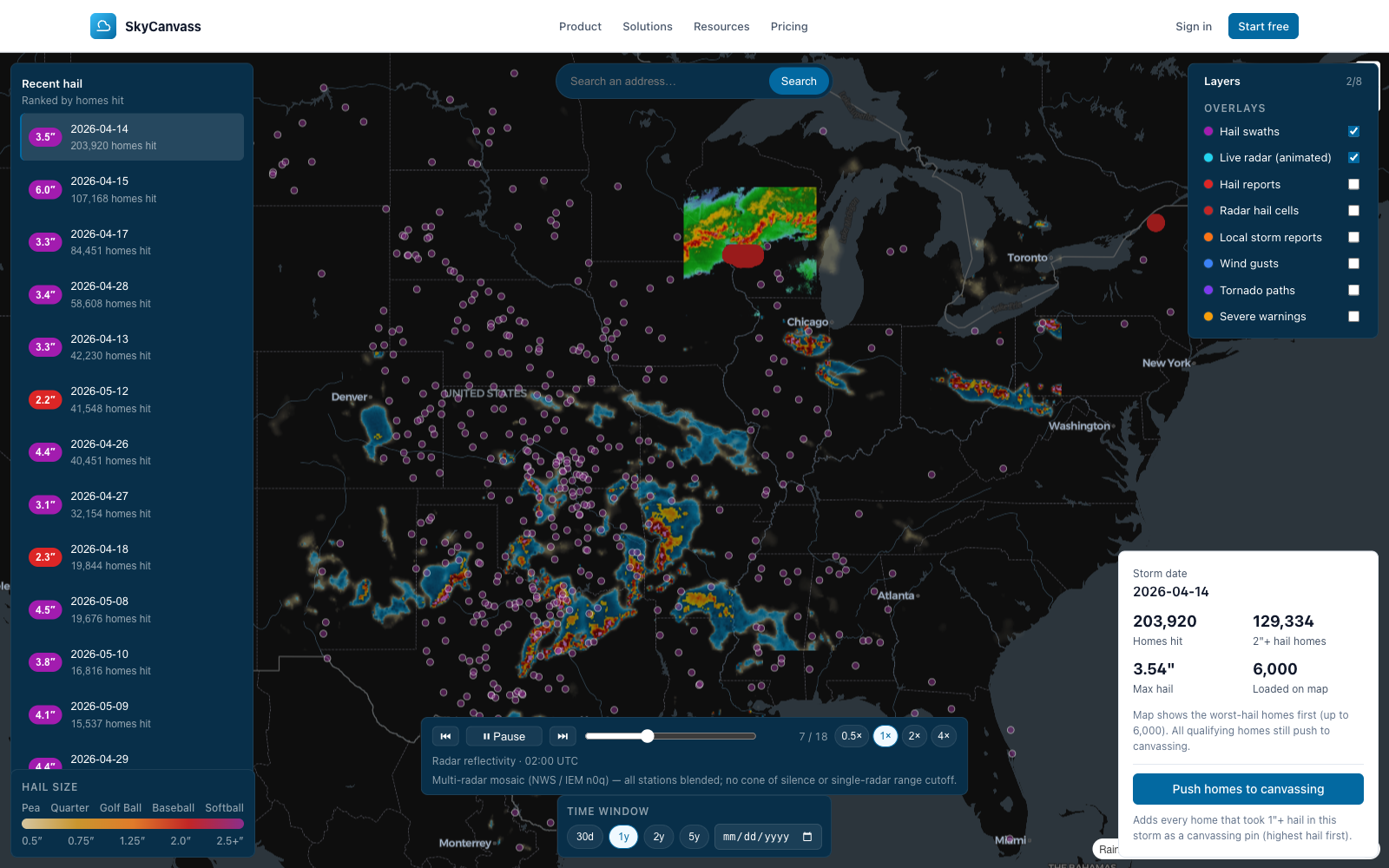 SkyCanvass hail canvassing map: measured MESH hail swaths and animated Doppler radar over a dark basemap, with a drawn area panel showing the count of property addresses to push to canvassing