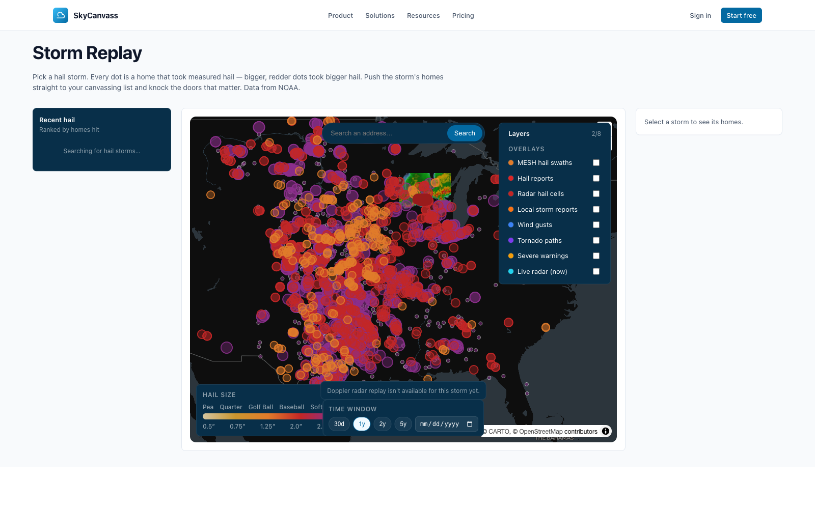 SkyCanvass national hail map: measured MESH hail swaths and storm activity loaded across all 50 states and DC, with Florida, Virginia, Maryland and DC as launch-focus markets