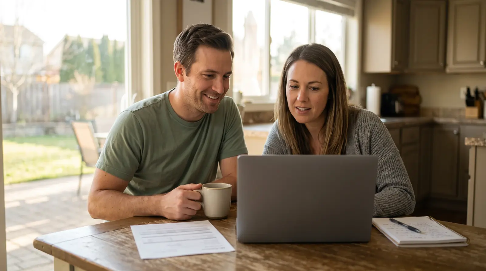 A couple at their kitchen table looking up their property's storm history on a laptop
