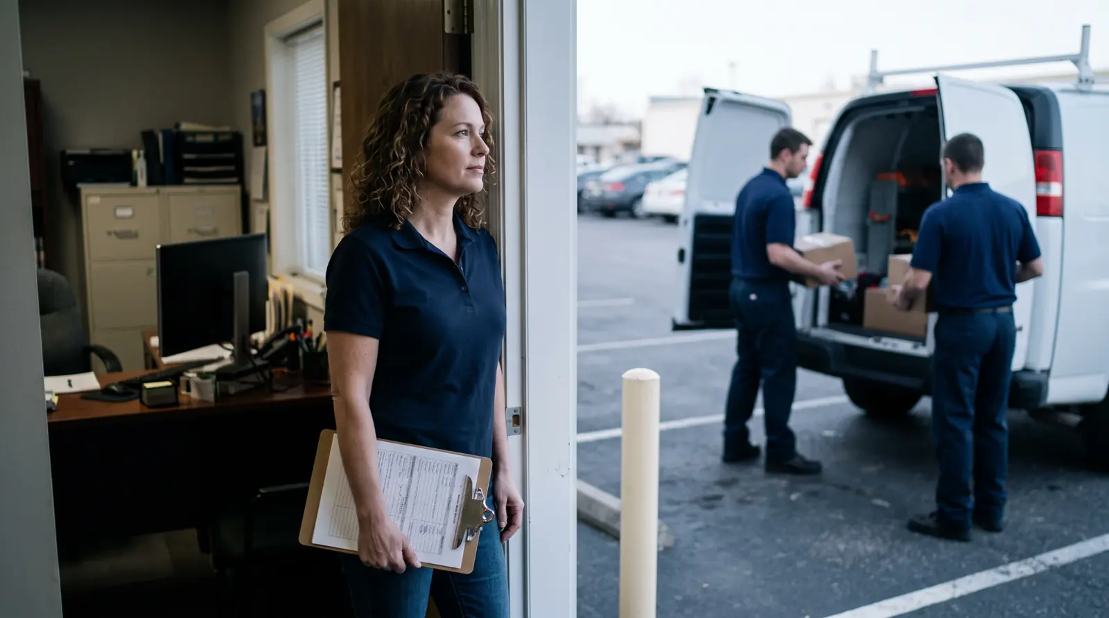 A service business owner watching her team load the morning's equipment into a work van