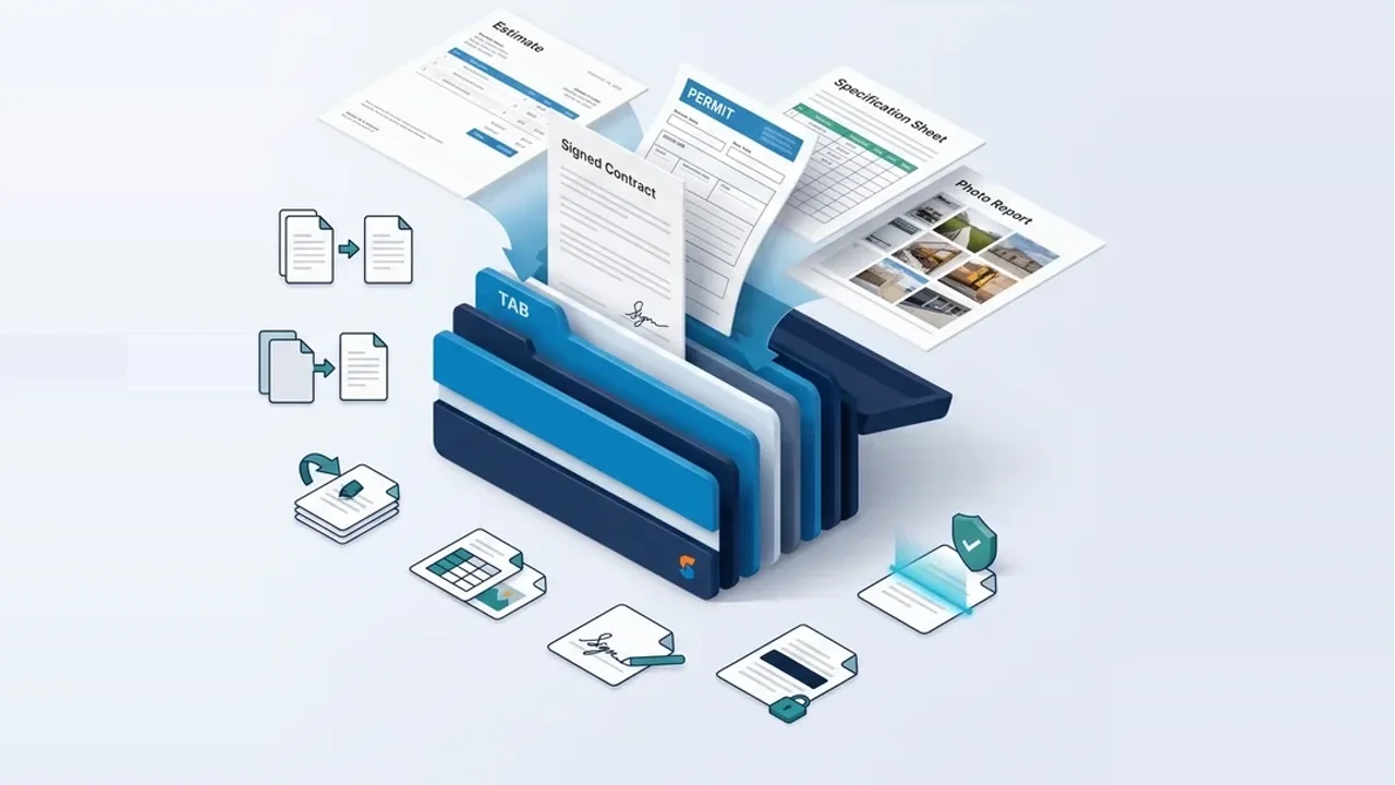 Illustration of the SkyCanvass PDF toolbox: an estimate, a signed contract, a permit form, a spec sheet, and a photo report filing themselves into one tabbed folder.