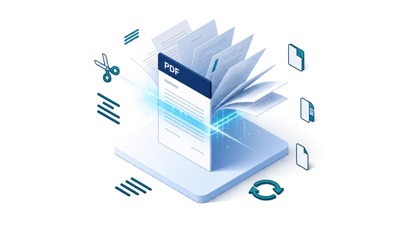 Illustration of PDF pages fanning out of a document, with scissors and a sync arrow beside them