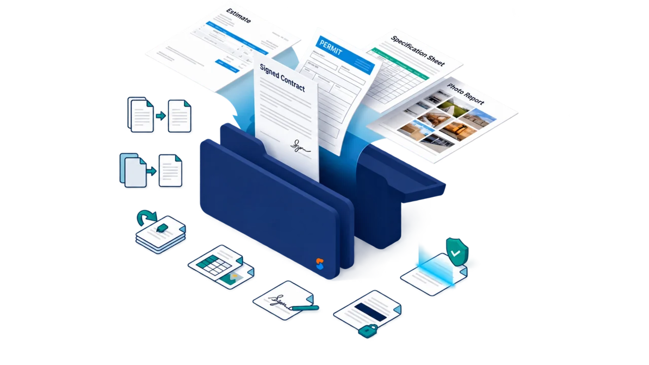 Illustration of the SkyCanvass PDF toolbox: an estimate, a signed contract, a permit form, a spec sheet, and a photo report filing themselves into one tabbed folder.