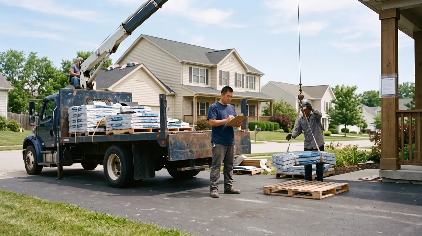 A boom truck setting pallets of shingles down on a driveway while one crew member checks the delivery against a clipboard and a permit notice hangs on the porch post