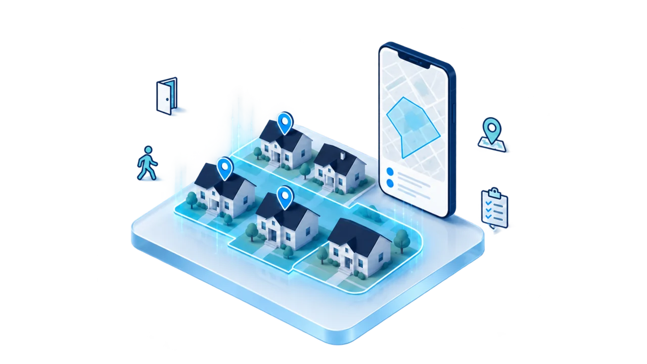 Illustration of a block of houses with a territory outline and map pins, and a phone showing the same map