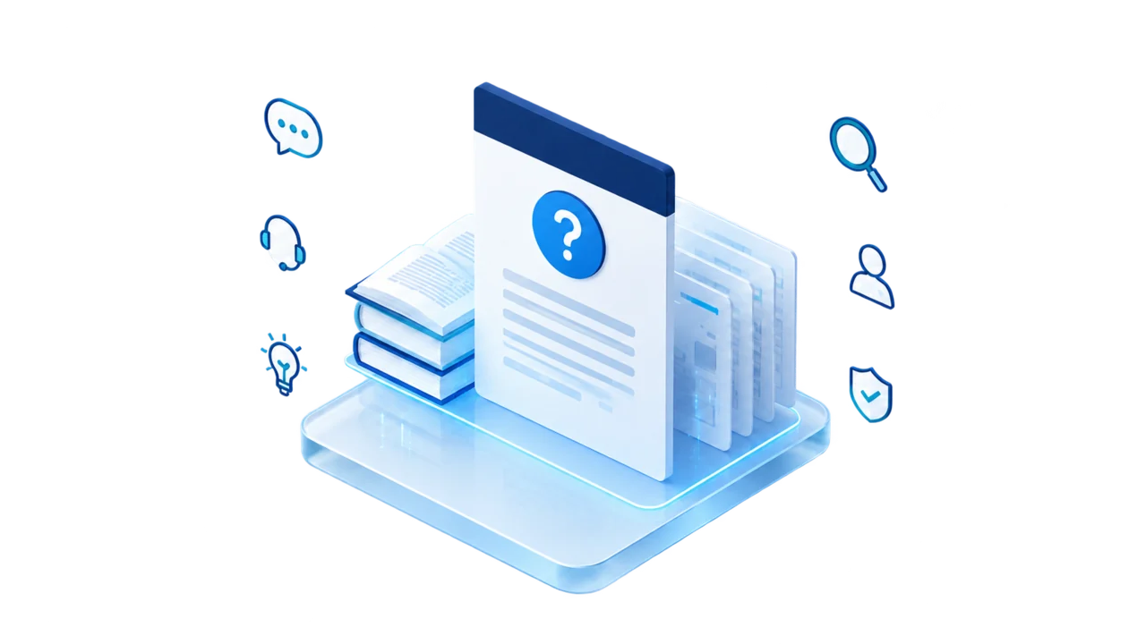 Illustration of a help guide with a question mark beside a stack of guides, a chat bubble, a headset and a magnifying glass