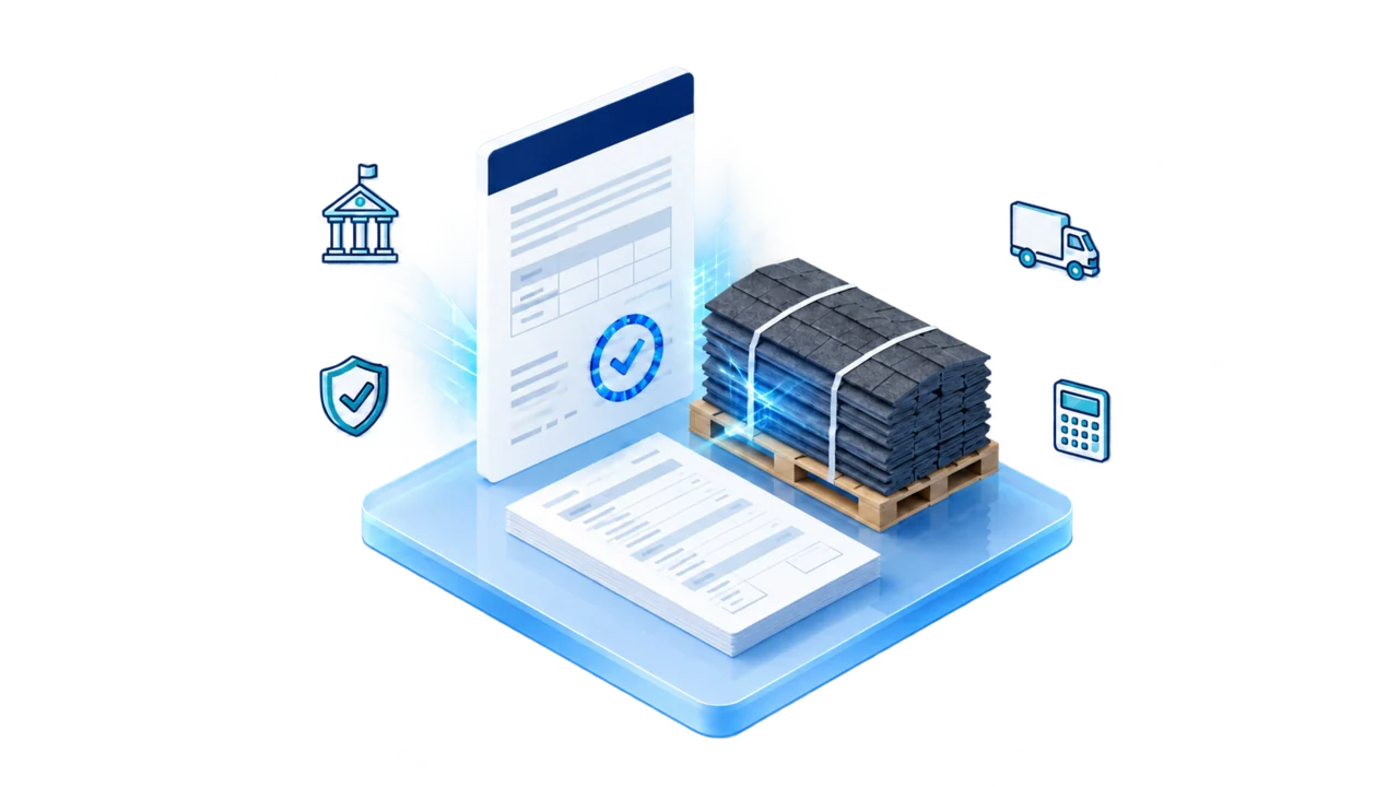 Illustration of an approved permit form, a pallet of shingles and a purchase order