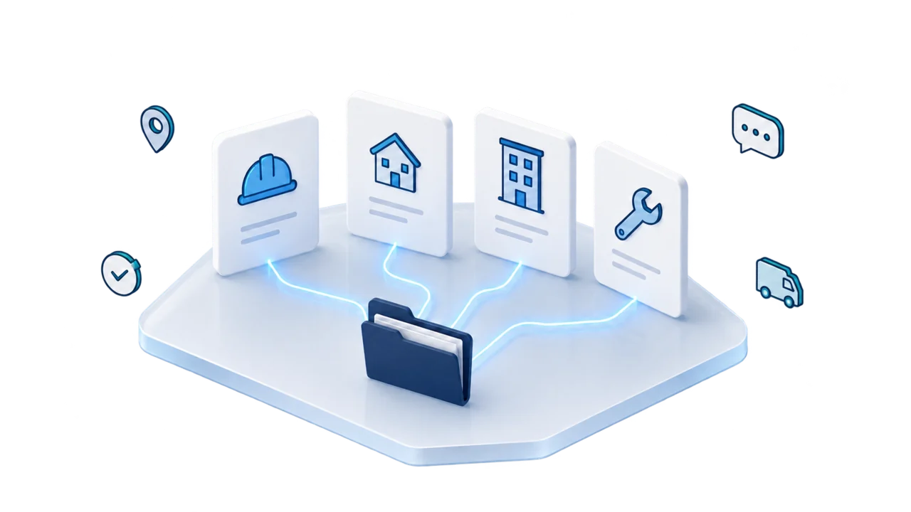 Illustration of four cards, a hard hat, a house, an apartment building and a wrench, each connected to one shared job folder
