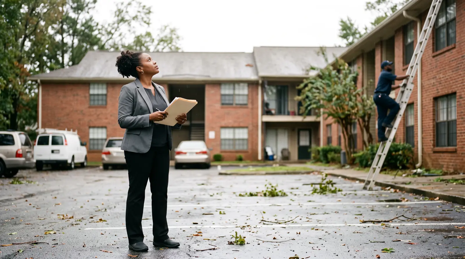 A property manager assessing an apartment building after a storm, with a maintenance worker on a ladder behind her
