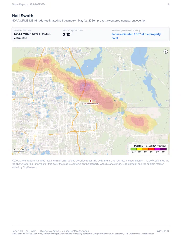Storm report page headed Hail Swath: a hail-size overlay in yellow through purple bands lying across a street map with distance rings and a legend from 0.5 to 3 inches.