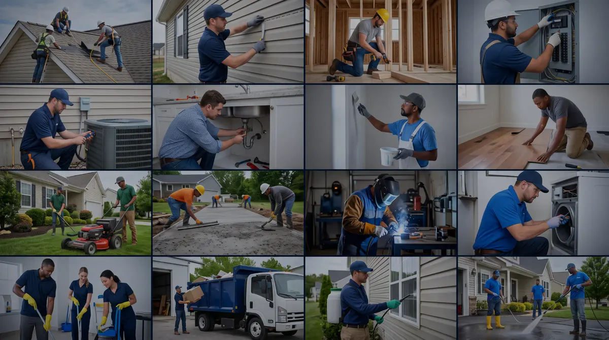 Tradespeople at work across roofing, siding and restoration jobs